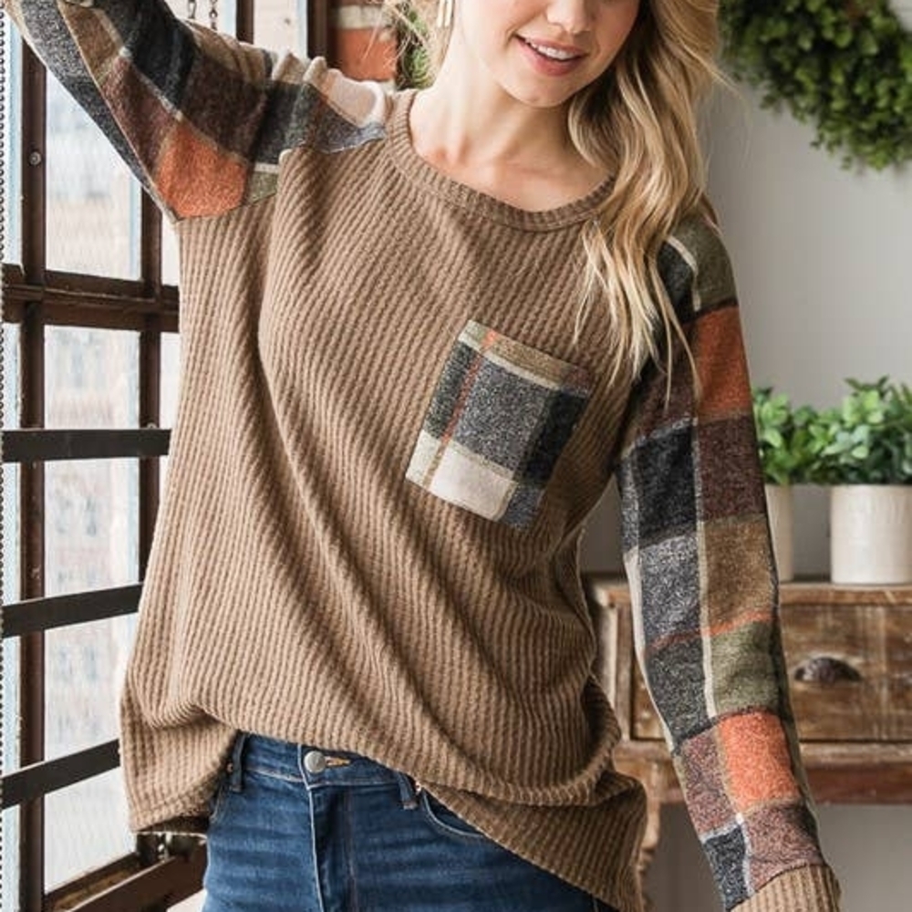 HEIMISH USA Brown Plaid Sleeve Blouse
